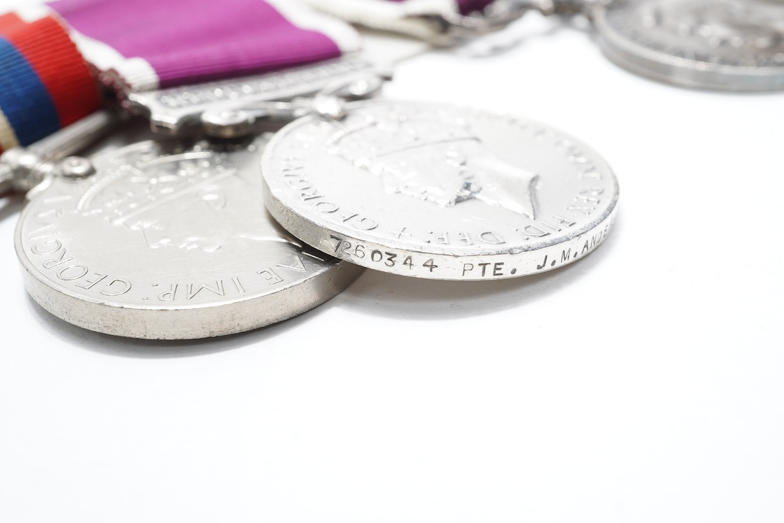 A WWII medal group awarded to Sqdn. Ldr. J.M. Anderson. R.A.F., also engraved under the ranks of Private (7260344), and Flight Officer, comprising of seven medals (three engraved)